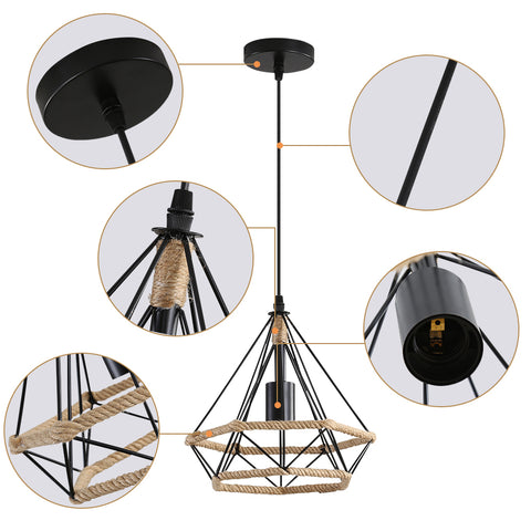 Lámpara de techo con jaula de cuerda de cáñamo, lámpara colgante industrial, cuerda de cáñamo con forma de diamante de 25cm