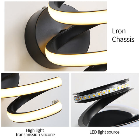 Lámpara de pared LED de 21 W, espiral negra, creatividad moderna, lámpara de pared de metal de aluminio, lámpara de pared interior de 3000 K, adecuada para dormitorio, pasillo, sala de estar, bar