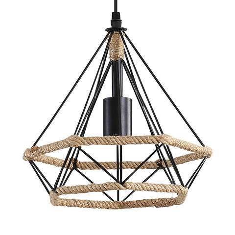 Lámpara de techo con jaula de cuerda de cáñamo, lámpara colgante industrial, cuerda de cáñamo con forma de diamante de 25cm