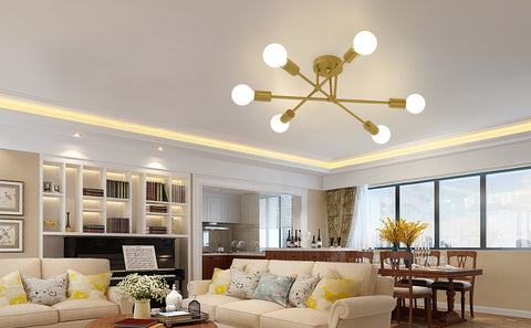 Moderne LED-plafondlamp, retro kroonluchter vintage hanglamp 6 lampen E27 voet, metalen kroonluchter verlichtingsarmatuur lamp voor woonkamer slaapkamer keuken hal zolder eetkamer bar café, goud (zonder lampen)