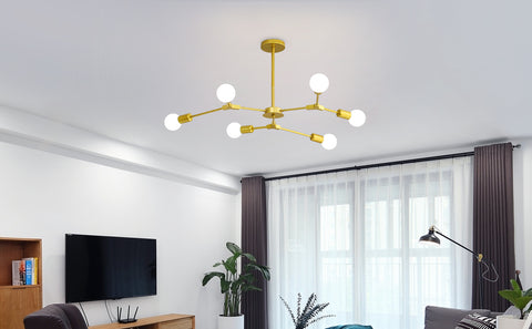 Lámpara de techo E27, 6 luces, lámpara de techo dorada con brazos de luz ajustables, se aplica a la sala de estar, dormitorio, comedor, cafetería (no incluye bombilla)