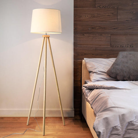 Drewniana lampa podłogowa na statywie, lampa podłogowa LED z włącznikiem nożnym, lampa podłogowa w stylu vintage, lampa podłogowa z żarówką E27 i lnianym abażurem do sypialni w salonie