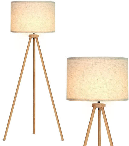 Drewniana lampa podłogowa na statywie, lampa podłogowa LED z włącznikiem nożnym, lampa podłogowa w stylu vintage, lampa podłogowa z żarówką E27 i lnianym abażurem do sypialni w salonie
