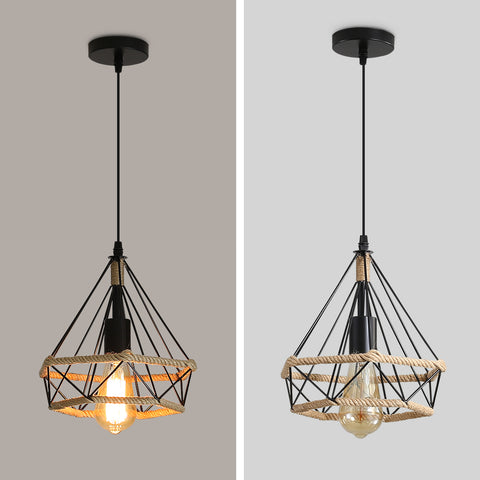 Lámpara de techo con jaula de cuerda de cáñamo, lámpara colgante industrial, cuerda de cáñamo con forma de diamante de 25cm