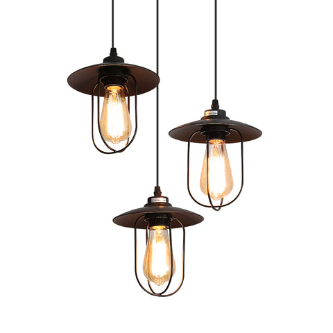 Lámpara de araña industrial, lámpara colgante vintage de 3 llamas con diseño industrial, lámpara colgante retro con 3 jaulas de metal, color: negro, casquillo: E27, 3 luces